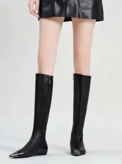 Bottes hautes noires à bout pointu bottes plates au genou pour femme