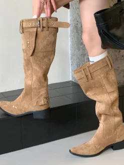 Bottes hautes pour femmes bout carré détail boucle bottes plates