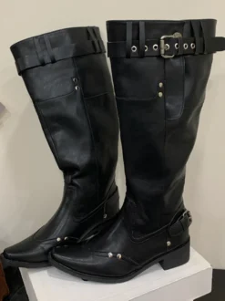 Bottes hautes pour femmes bout carré détail boucle bottes plates