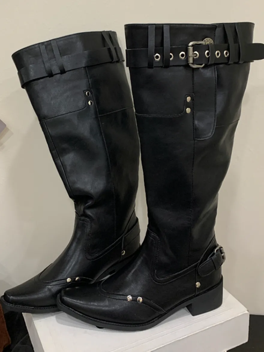 Bottes hautes pour femmes bout carré détail boucle bottes plates