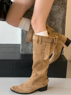 Bottes hautes pour femmes bout carré détail boucle bottes plates