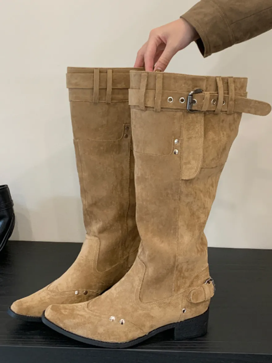 Bottes hautes pour femmes bout carré détail boucle bottes plates