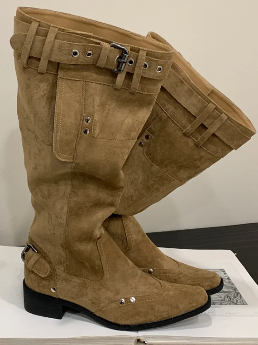 Bottes hautes pour femmes bout carré détail boucle bottes plates