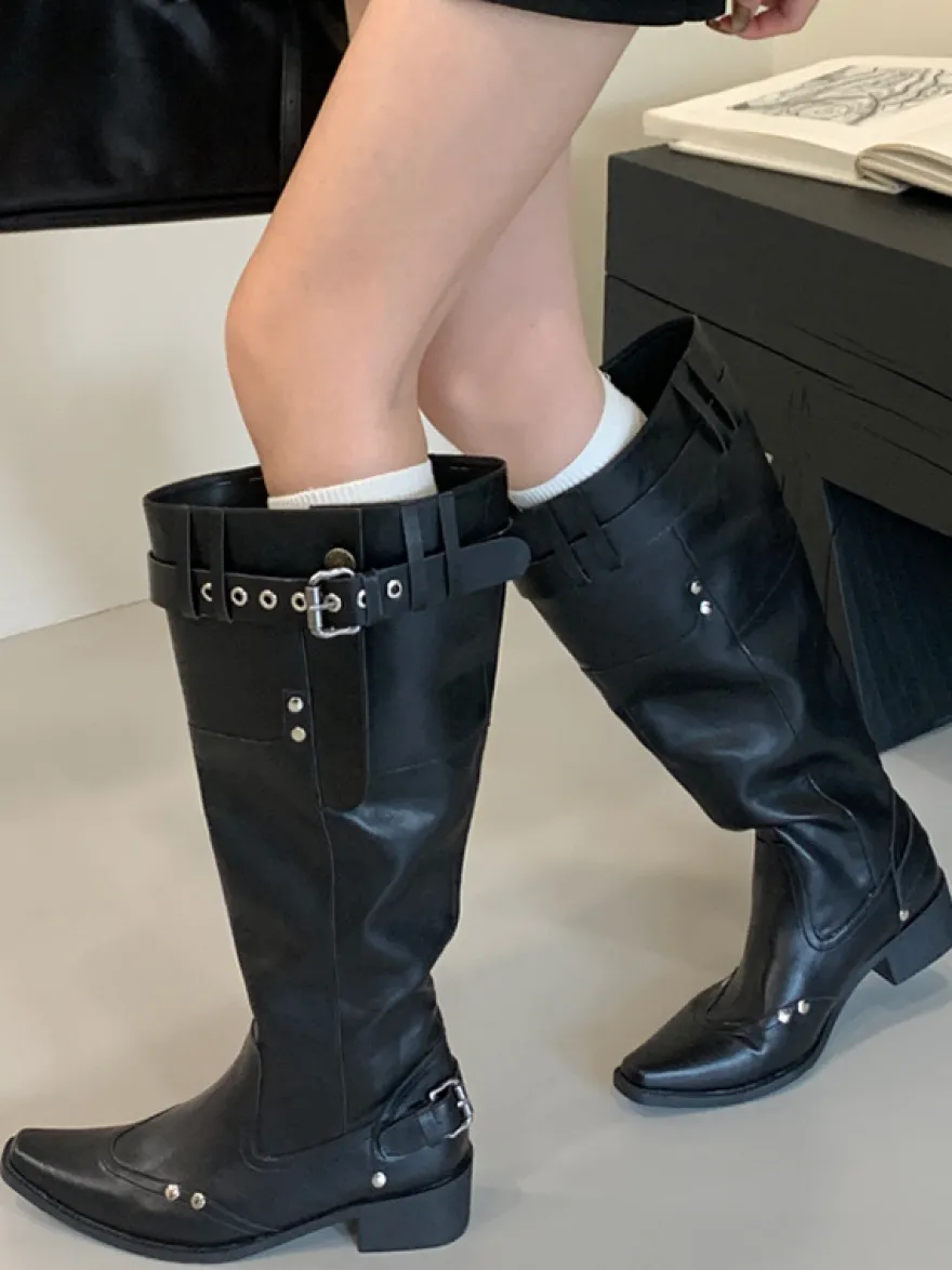 Bottes hautes pour femmes bout carré détail boucle bottes plates