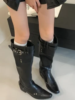 Bottes hautes pour femmes bout carré détail boucle bottes plates