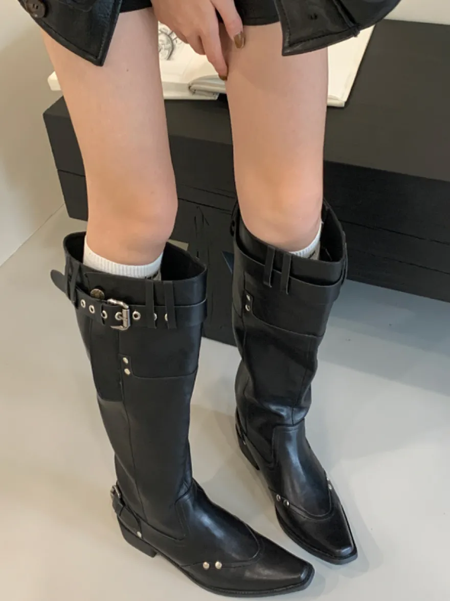 Bottes hautes pour femmes bout carré détail boucle bottes plates