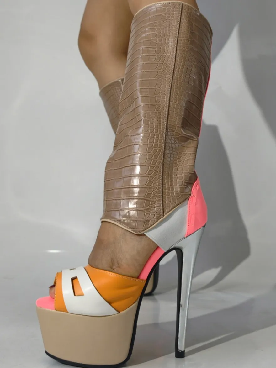 Bottes hautes à talons hauts bottes sandales à plateforme et bout ouvert à motif pierre