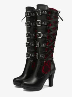 Bottes hauteur genou en cuir PU à talons épais pour femmes