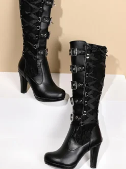 Bottes hauteur genou en cuir PU à talons épais pour femmes