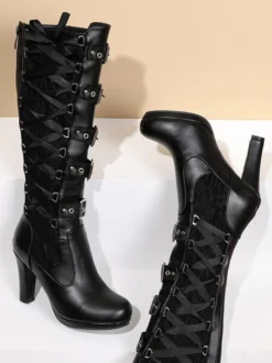 Bottes hauteur genou en cuir PU à talons épais pour femmes
