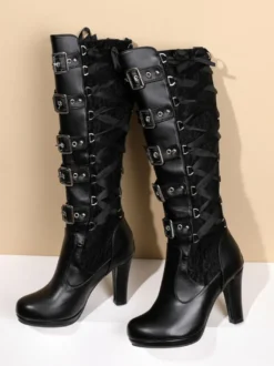 Bottes hauteur genou en cuir PU à talons épais pour femmes