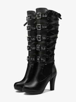 Bottes hauteur genou en cuir PU à talons épais pour femmes