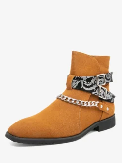 Bottes Homme Bottines Chelsea Cuir Jaune Bout Rond Chaînes