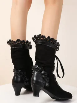 Bottes Lolita Bows Talon chaton Bout rond Lacets Chaussures Lolita