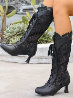 Bottes Lolita classiques en dentelle bout rond en cuir PU chaussures Lolita noires