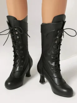Bottes Lolita classiques style vintage bout rond en cuir PU chaussures Lolita noires
