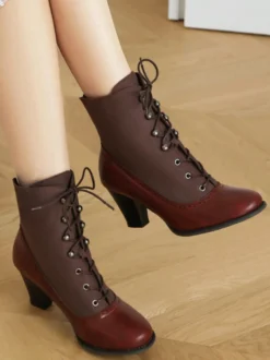 Bottes Lolita classiques style vintage bout rond en cuir PU chaussures Lolita rouges