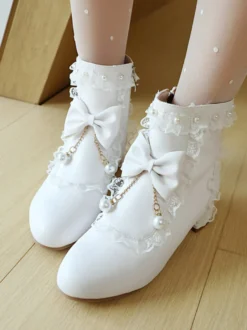 Bottes Lolita de style ROCOCO nœuds blancs volants perles bout rond chaussures Lolita en cuir PU