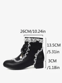 Bottes Lolita de style ROCOCO nœuds blancs volants perles bout rond chaussures Lolita en cuir PU
