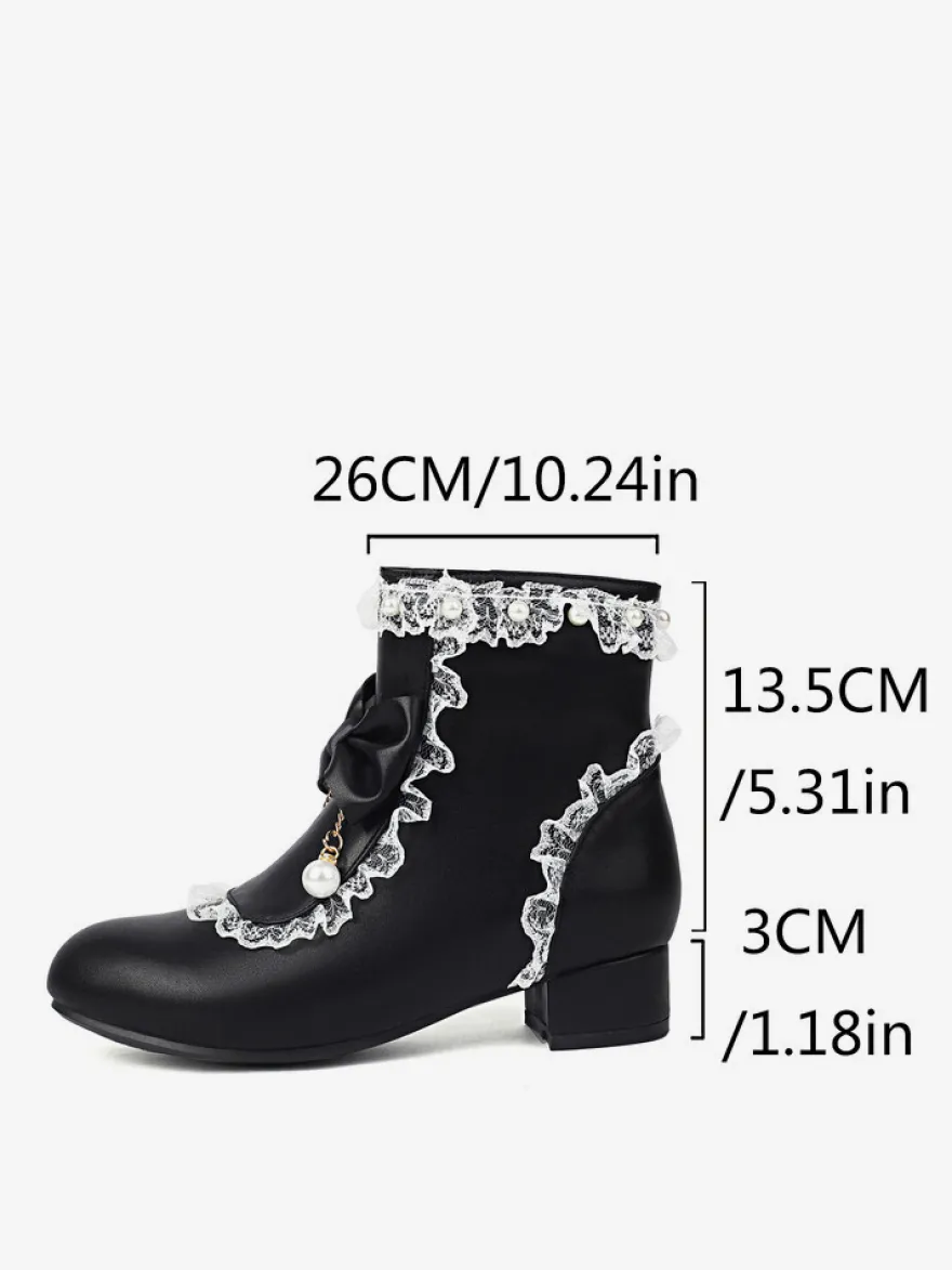 Bottes Lolita de style ROCOCO nœuds blancs volants perles bout rond chaussures Lolita en cuir PU