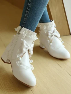 Bottes Lolita de style ROCOCO nœuds blancs volants perles bout rond chaussures Lolita en cuir PU