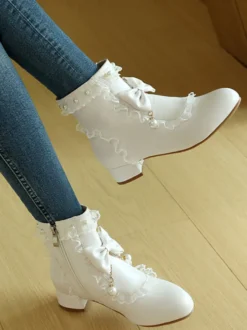 Bottes Lolita de style ROCOCO nœuds blancs volants perles bout rond chaussures Lolita en cuir PU