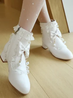 Bottes Lolita de style ROCOCO nœuds blancs volants perles bout rond chaussures Lolita en cuir PU