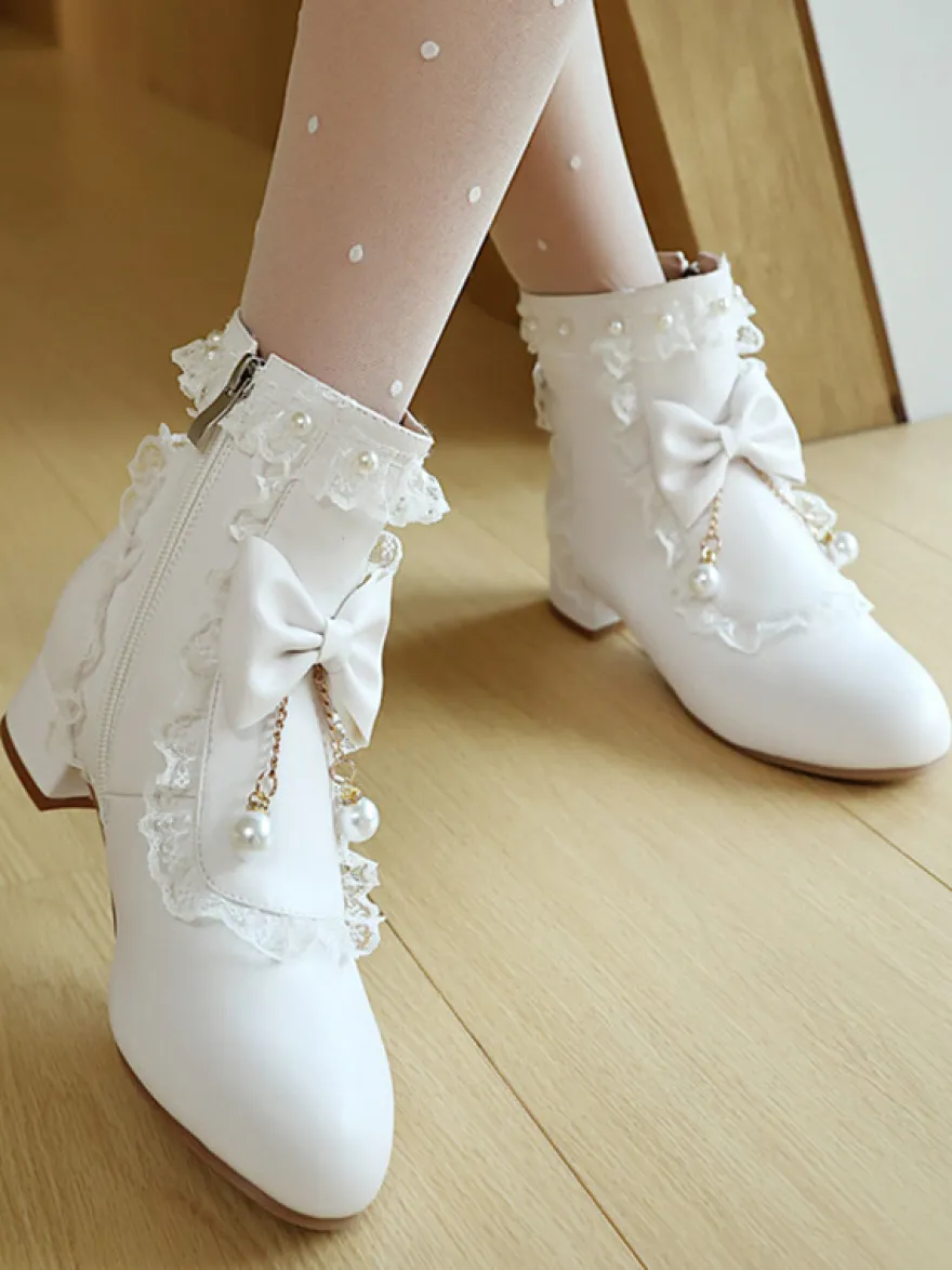 Bottes Lolita de style ROCOCO nœuds blancs volants perles bout rond chaussures Lolita en cuir PU