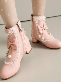 Bottes Lolita de style ROCOCO nœuds blancs volants perles bout rond chaussures Lolita en cuir PU