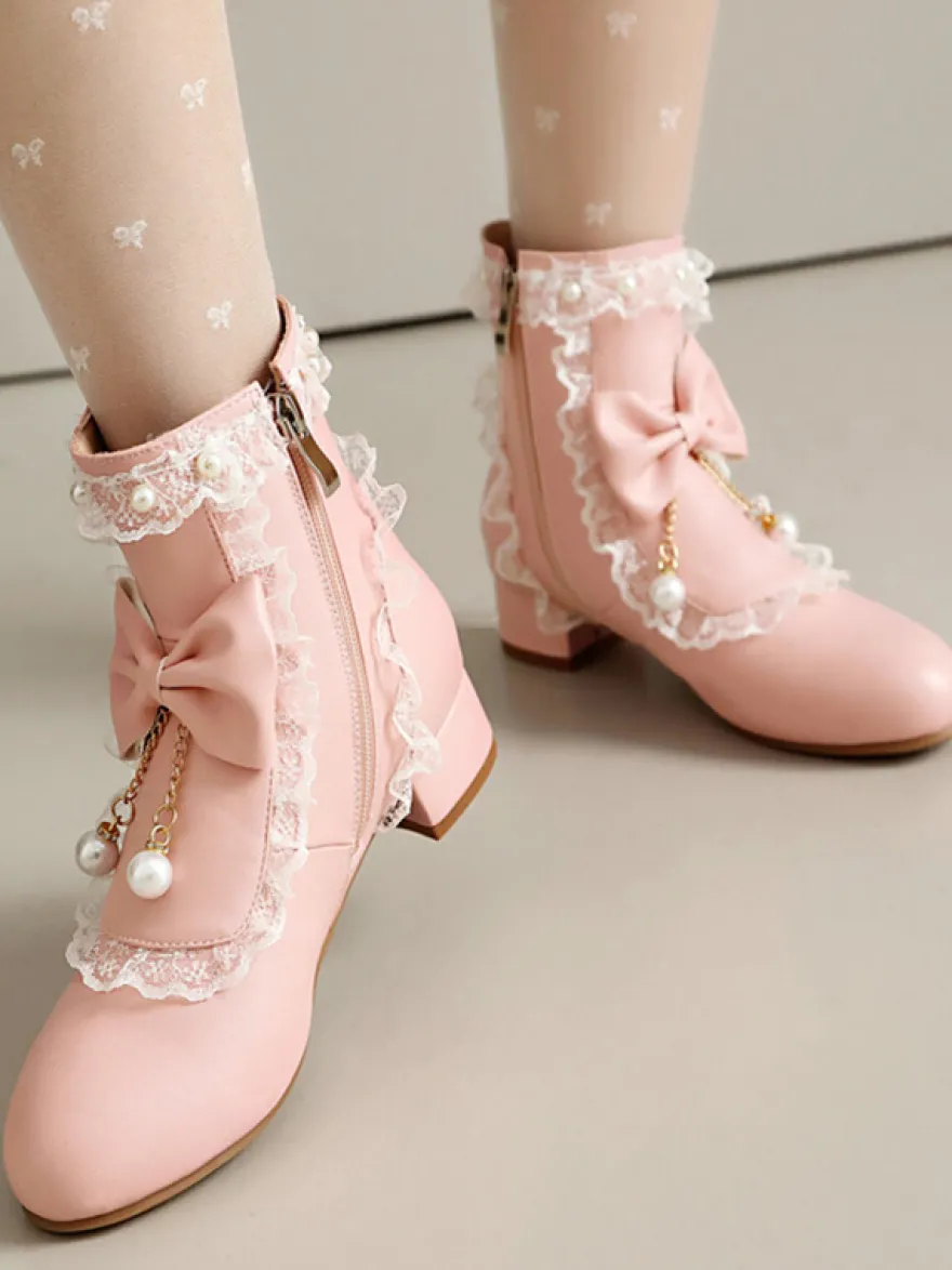 Bottes Lolita de style ROCOCO nœuds blancs volants perles bout rond chaussures Lolita en cuir PU