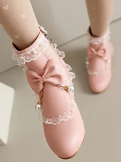 Bottes Lolita de style ROCOCO nœuds blancs volants perles bout rond chaussures Lolita en cuir PU