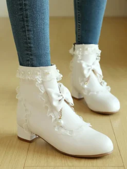 Bottes Lolita de style ROCOCO nœuds blancs volants perles bout rond chaussures Lolita en cuir PU