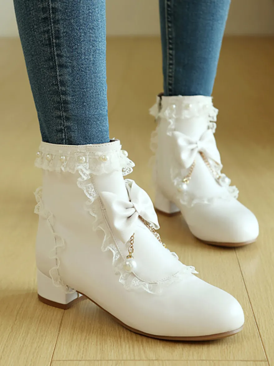 Bottes Lolita de style ROCOCO nœuds blancs volants perles bout rond chaussures Lolita en cuir PU