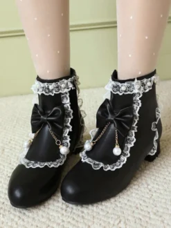 Bottes Lolita de style ROCOCO nœuds blancs volants perles bout rond chaussures Lolita en cuir PU