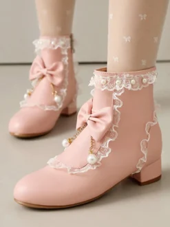 Bottes Lolita de style ROCOCO nœuds blancs volants perles bout rond chaussures Lolita en cuir PU