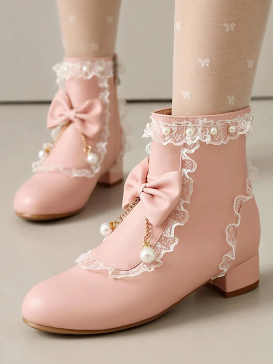 Bottes Lolita de style ROCOCO nœuds blancs volants perles bout rond chaussures Lolita en cuir PU