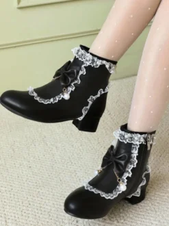 Bottes Lolita de style ROCOCO nœuds blancs volants perles bout rond chaussures Lolita en cuir PU