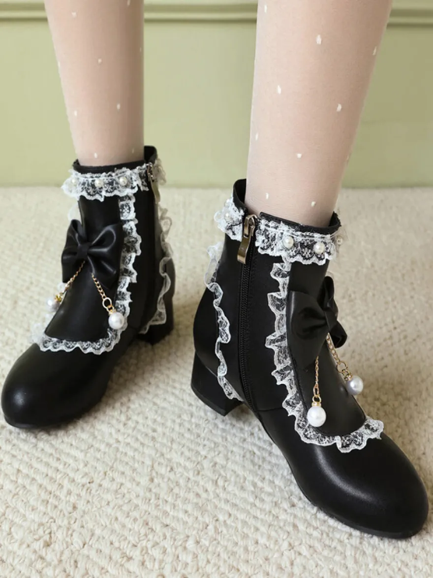 Bottes Lolita de style ROCOCO nœuds blancs volants perles bout rond chaussures Lolita en cuir PU