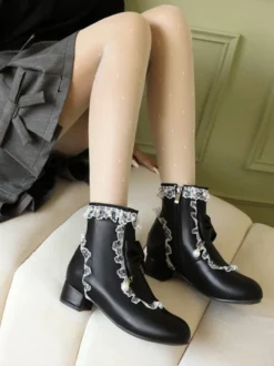 Bottes Lolita de style ROCOCO nœuds blancs volants perles bout rond chaussures Lolita en cuir PU