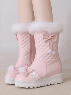 Bottes Lolita douces en cuir PU à bout rond Chaussures Lolita roses