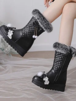 Bottes Lolita douces en cuir PU à bout rond Chaussures Lolita roses