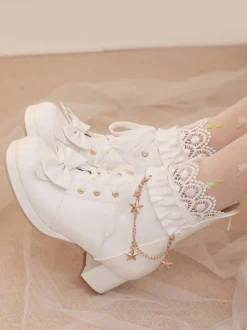 Bottes Lolita douces en cuir PU avec nœuds et bout rond Chaussures Lolita roses