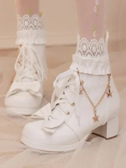 Bottes Lolita douces en cuir PU avec nœuds et bout rond Chaussures Lolita roses