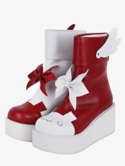 Bottes Lolita douces papillon rouge bicolore bout rond chaussures Lolita en cuir PU