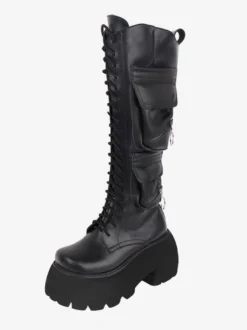 Bottes Lolita Gothiques Cuir PU PU Bout Rond Chaussures Lolita Noires