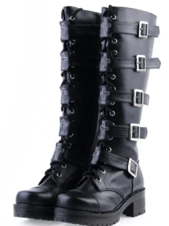 Bottes Lolita noirs à talons épais avec boucles Déguisements Halloween