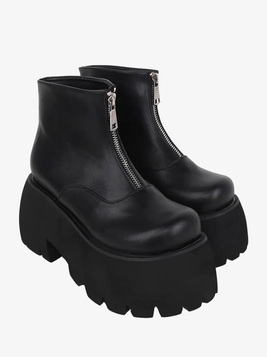 Bottes Lolita Steampunk Détails en métal blanc Chaussures Lolita en cuir PU à bout rond métallique