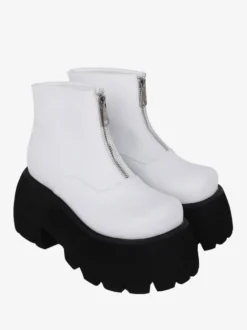 Bottes Lolita Steampunk Détails en métal blanc Chaussures Lolita en cuir PU à bout rond métallique