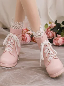 Bottes Lolita Sweet Chaussures Lolita en cuir PU à bout rond rose