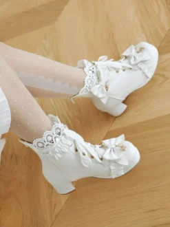 Bottes Lolita Sweet Chaussures Lolita en cuir PU à bout rond blanc